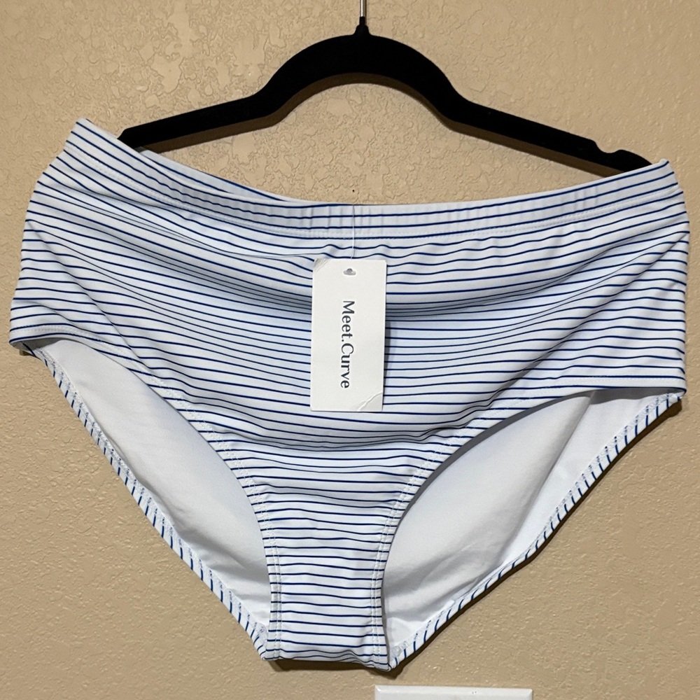 Meet Curve Women's Blue & White Striped High-Waist Bikini Bottom